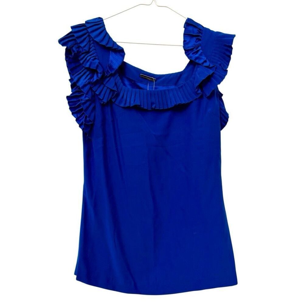 Loeffler Randall Pleated Ruffle Trim 100% Silk Blouse Top Blue Size 8